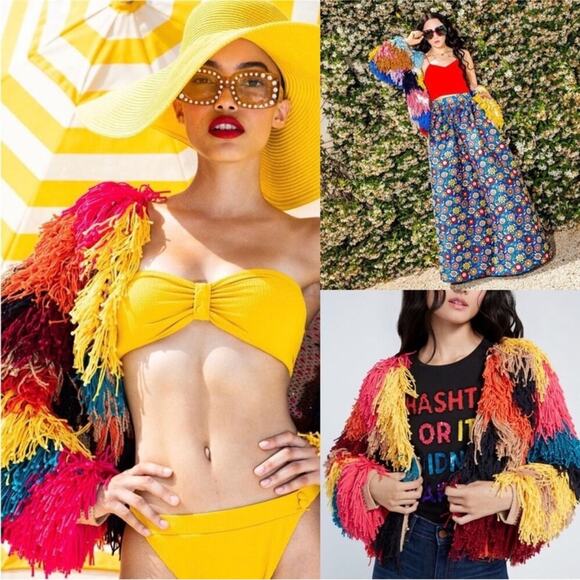 Alice and Olivia Fawn Rainbow Fringe Colorblock Jacket Size L NWT - Picture 5 of 13